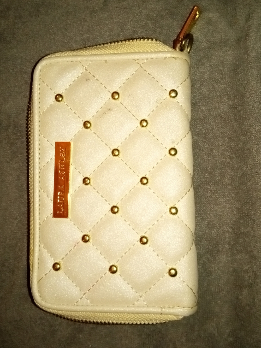 Laura Ashley Cream Quilted Zip Phone Case with Gold Studs